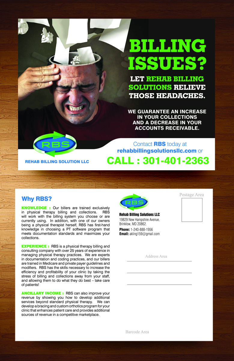 Postcard Design by rkailas for Rehab Billing Solutions | Design #3474428