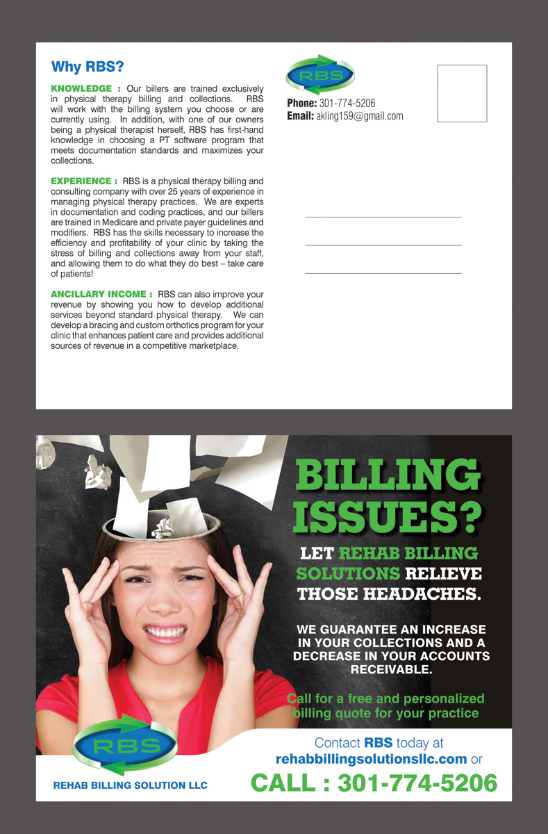 Postkarten-Design von rkailas für Rehab Billing Solutions | Design #3541367
