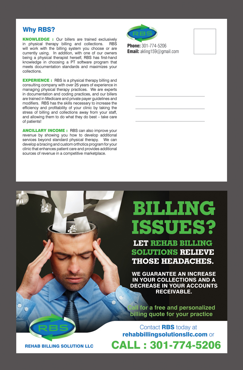 Postkarten-Design von rkailas für Rehab Billing Solutions | Design #3541372