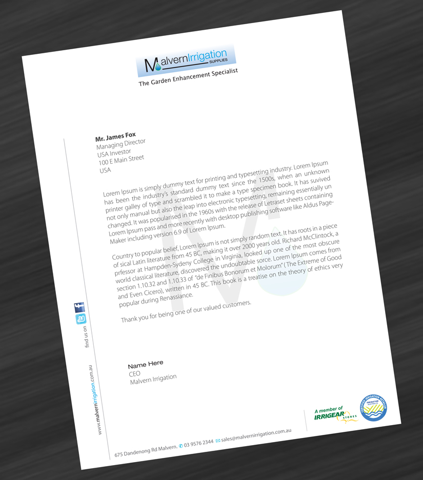 Letterhead Design by asimali for Malvern Irrigation Supplies Pty Ltd | Design #879837