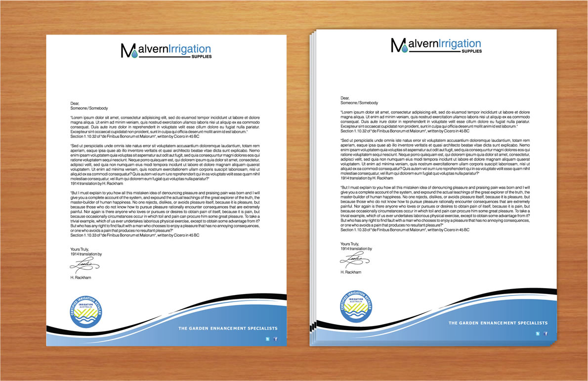 Letterhead Design by Sbss for Malvern Irrigation Supplies Pty Ltd | Design #876304