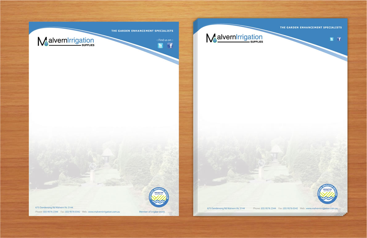 Letterhead Design by Sbss for Malvern Irrigation Supplies Pty Ltd | Design #876308