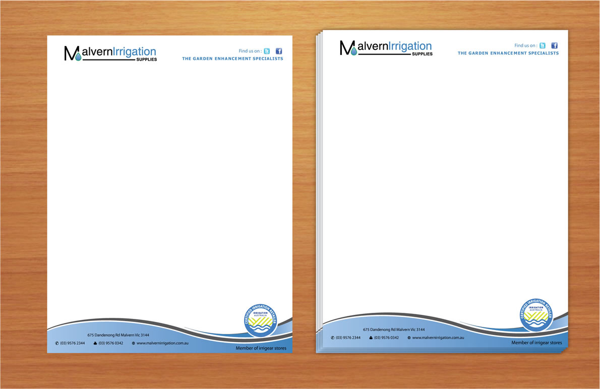 Letterhead Design by Sbss for Malvern Irrigation Supplies Pty Ltd | Design #876310