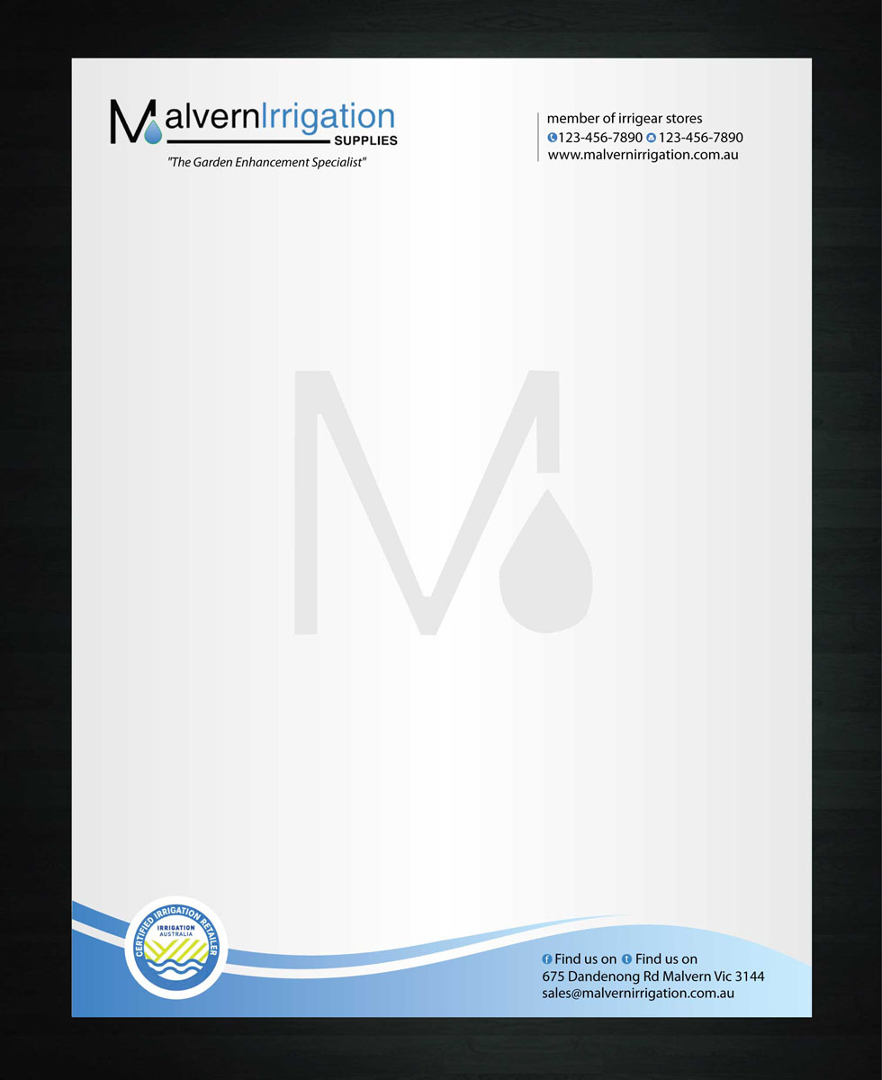 Letterhead Design by Sbss for Malvern Irrigation Supplies Pty Ltd | Design #878707