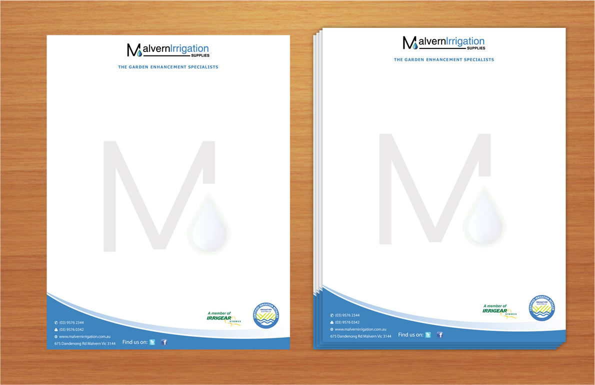 Letterhead Design by Sbss for Malvern Irrigation Supplies Pty Ltd | Design #879149