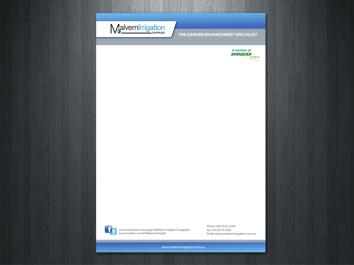 Letterhead Design by Sonya for Malvern Irrigation Supplies Pty Ltd | Design #878666