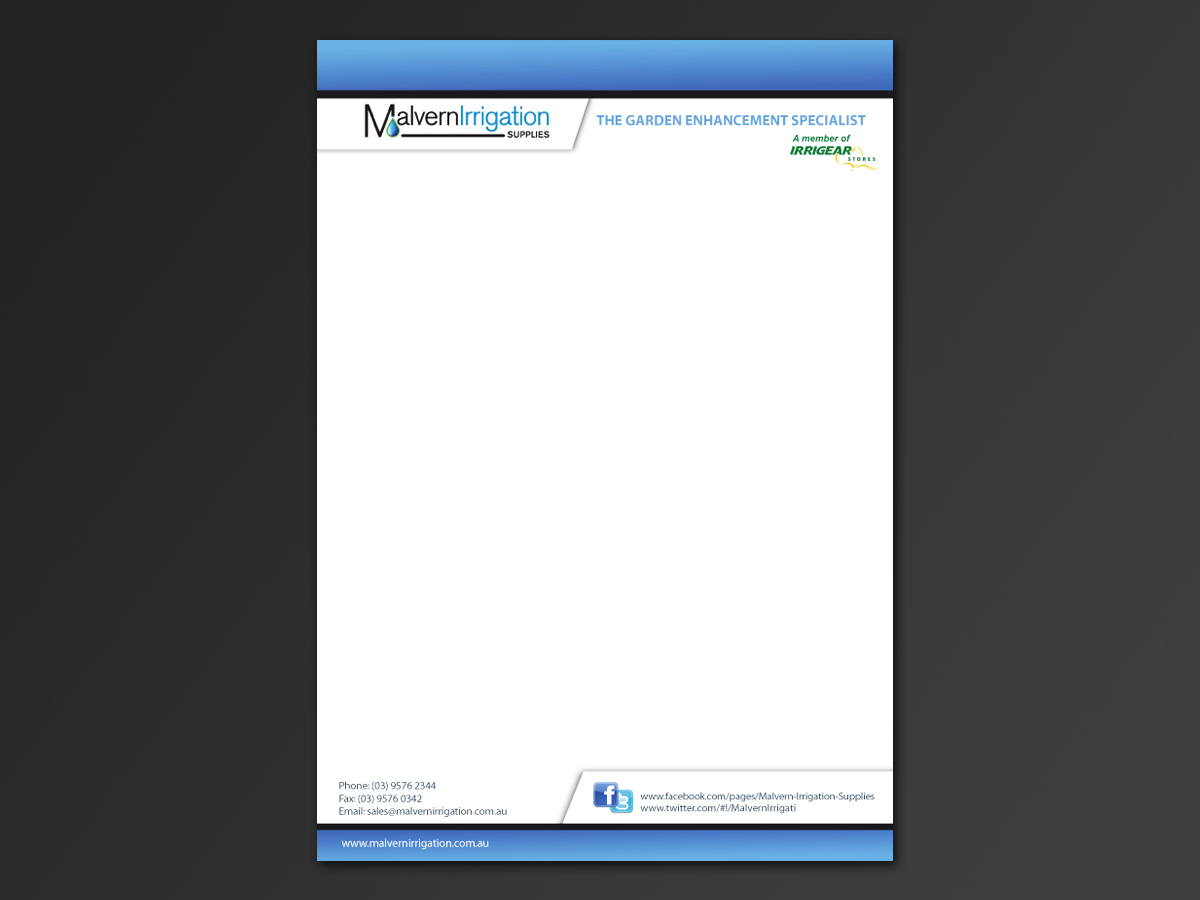 Letterhead Design by Sonya for Malvern Irrigation Supplies Pty Ltd | Design #878804