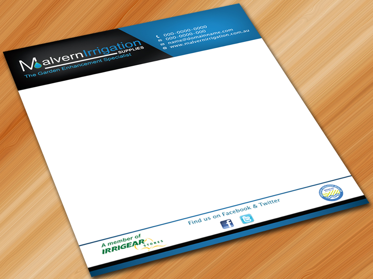 Letterhead Design by Sarmishtha Chattopadhyay_loginchange for Malvern Irrigation Supplies Pty Ltd | Design #882818