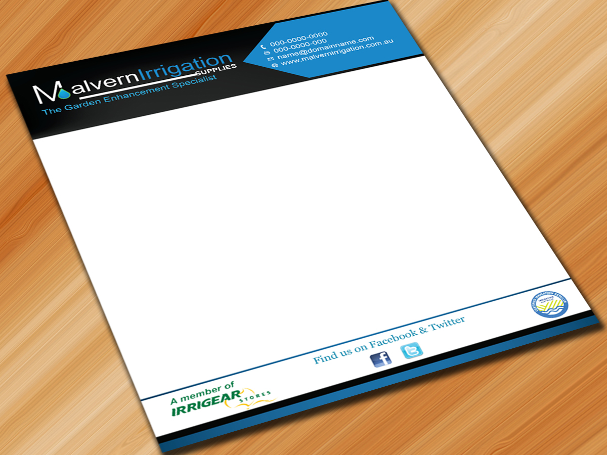 Letterhead Design by Sarmishtha Chattopadhyay_loginchange for Malvern Irrigation Supplies Pty Ltd | Design #884132