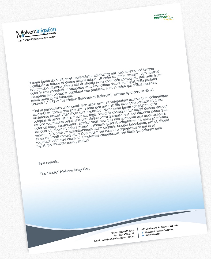 Letterhead Design by pyxlyf for Malvern Irrigation Supplies Pty Ltd | Design #892928