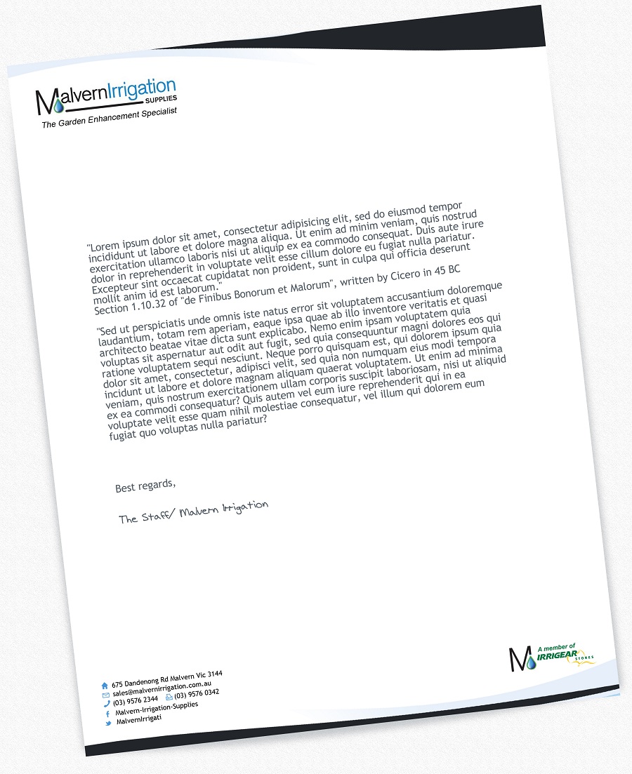 Letterhead Design by pyxlyf for Malvern Irrigation Supplies Pty Ltd | Design #892931