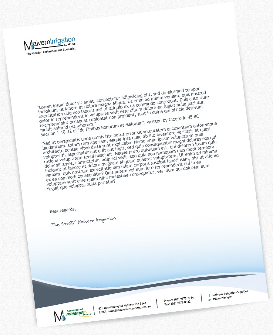 Letterhead Design by pyxlyf for Malvern Irrigation Supplies Pty Ltd | Design #892934