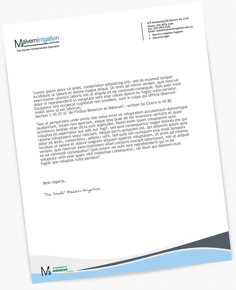 Letterhead Design by pyxlyf for Malvern Irrigation Supplies Pty Ltd | Design #892935