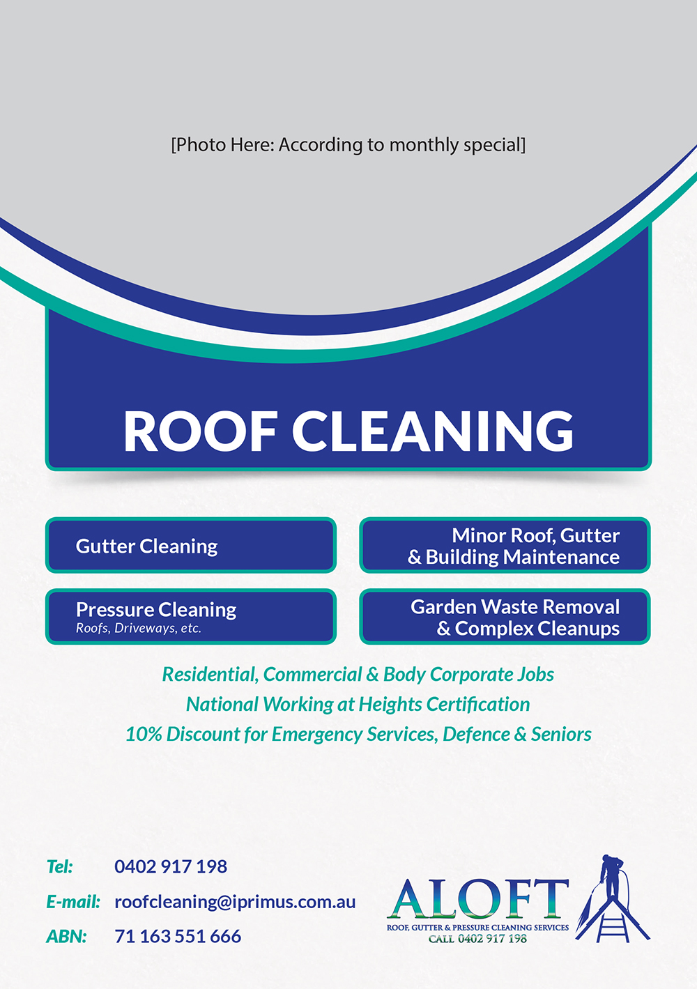 Diseño de Flyer por NPaceStudio para Aloft Roof, Gutter & Pressure Cleaning Services | Diseño #3519471