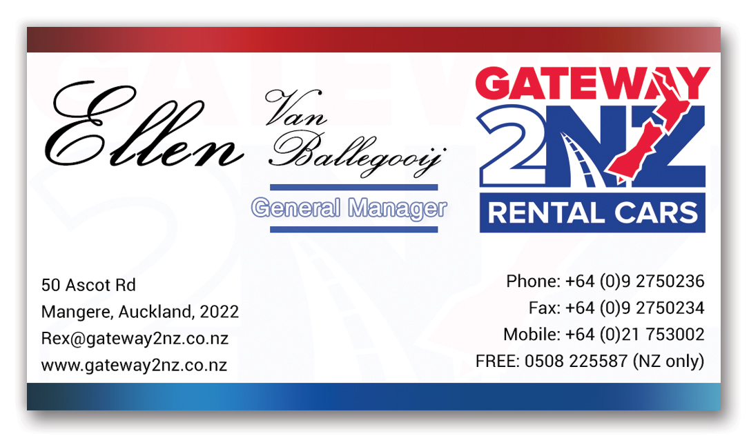 Business Card Design by RyanELee for Gateway 2 NZ Rental Cars Ltd | Design #3605866