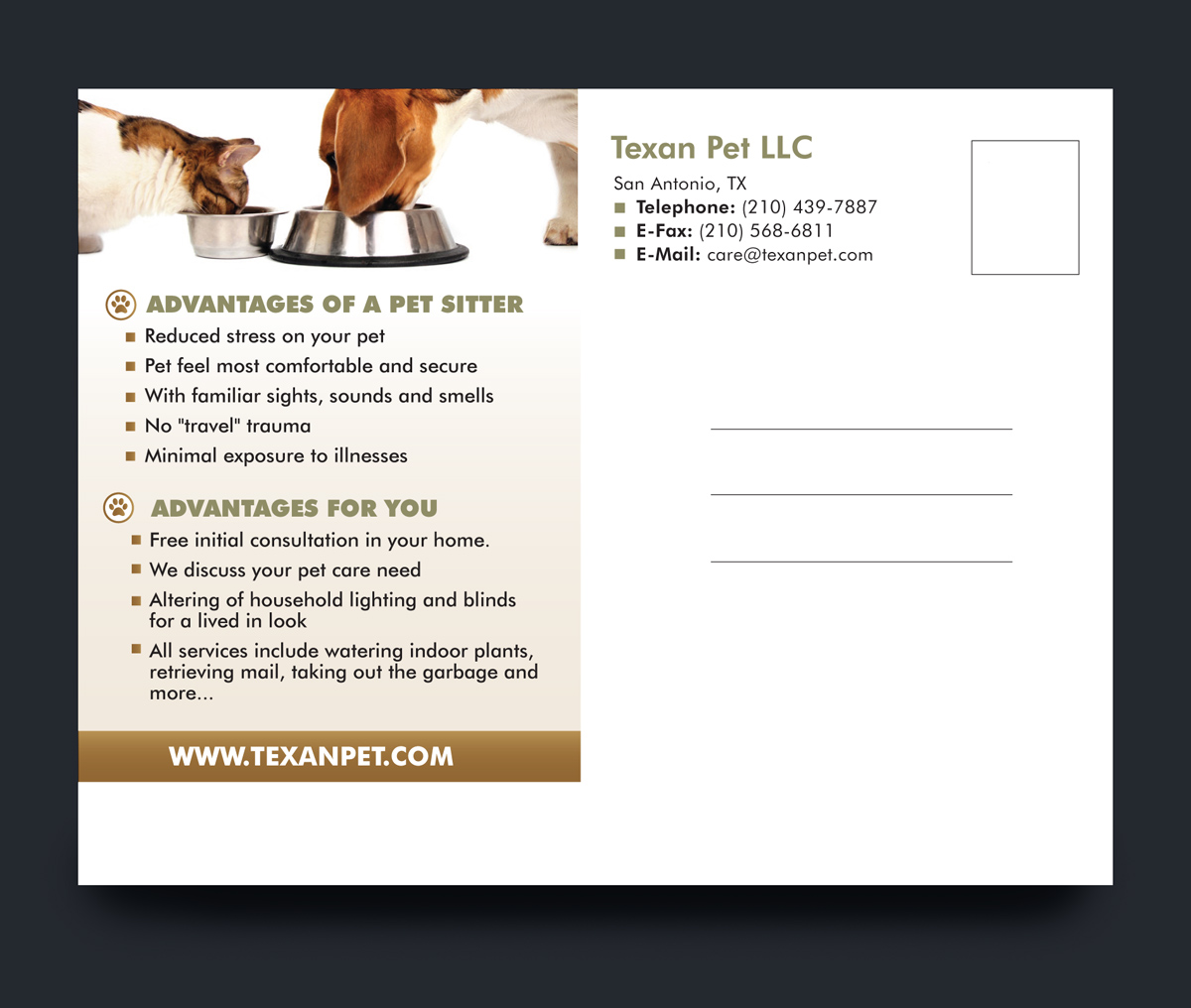 Postcard Design by rkailas for Texan Pet LLC | Design #3687468