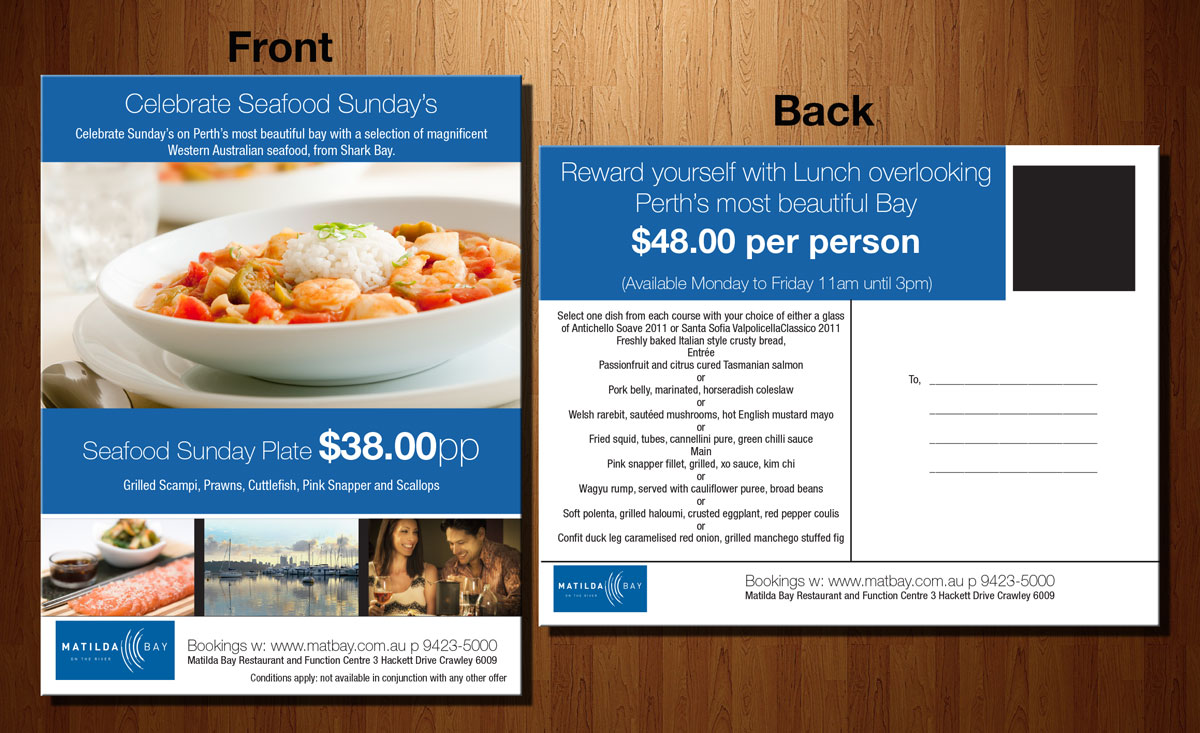 Postcard Design by theblueart for Matilda Bay Restaurant and Function Centre | Design #3774239