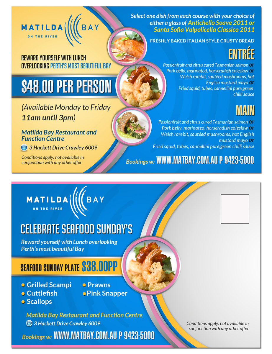 Postcard Design by ESolz Technologies for Matilda Bay Restaurant and Function Centre | Design #3739870