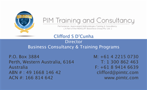 Visitenkarten-Design von A P Hansen für WENCLIFF Business Group Pty T/as PIM Training & Consultancy | Design #3760429