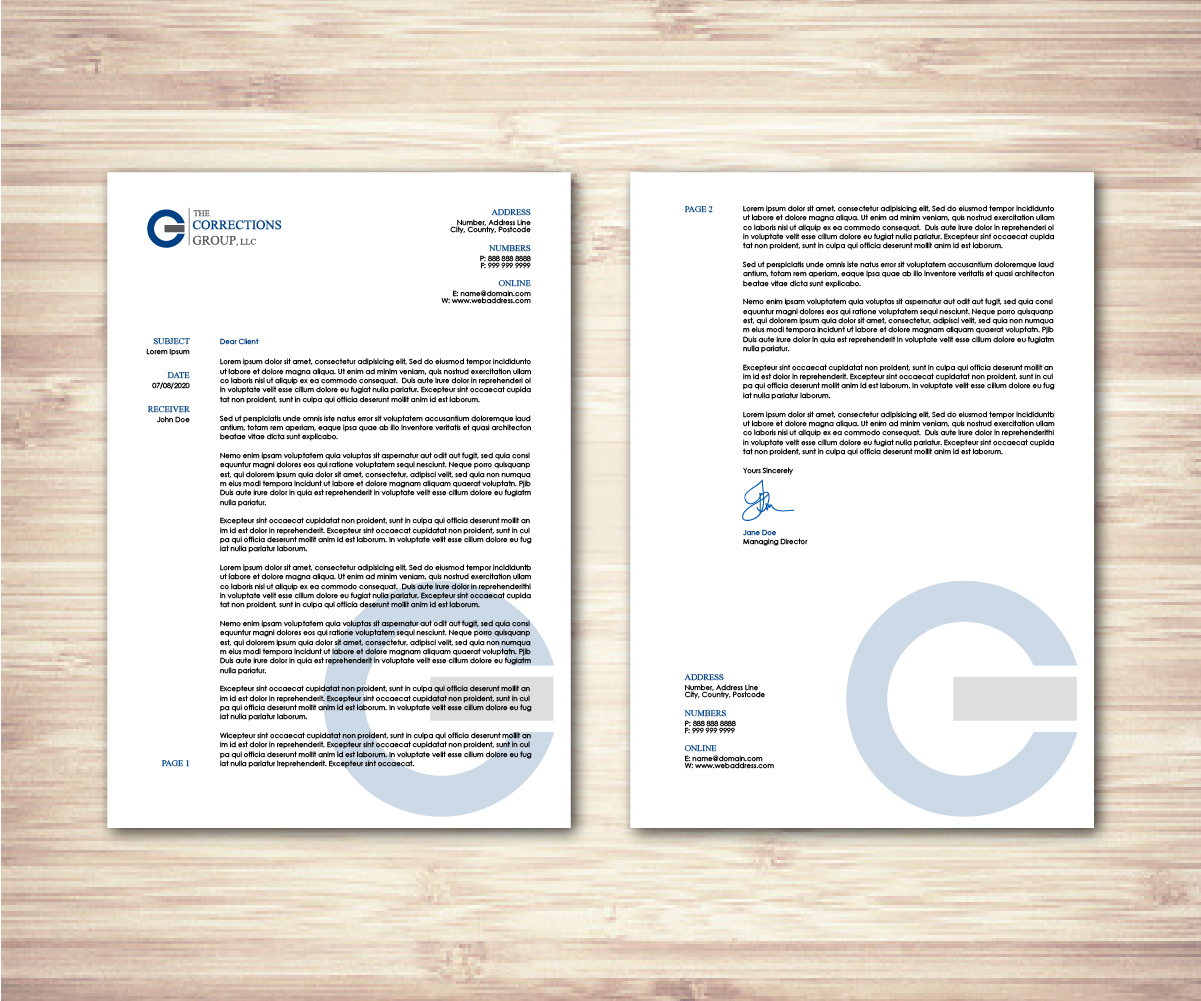 Letterhead Design by Vivid Design for The Corrections Group | Design #3892379
