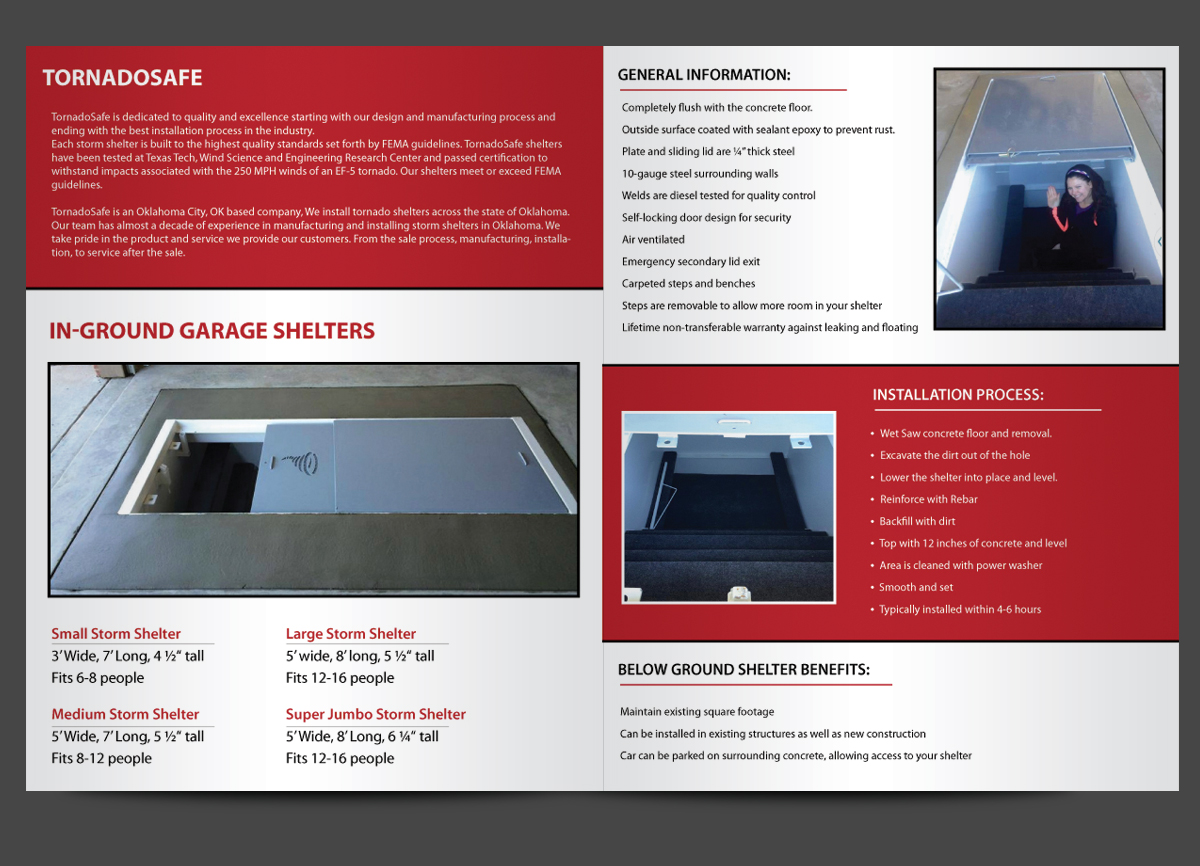 Brochure Design by uniquedesign10 for TornadoSafe Shelters | Design #3979536