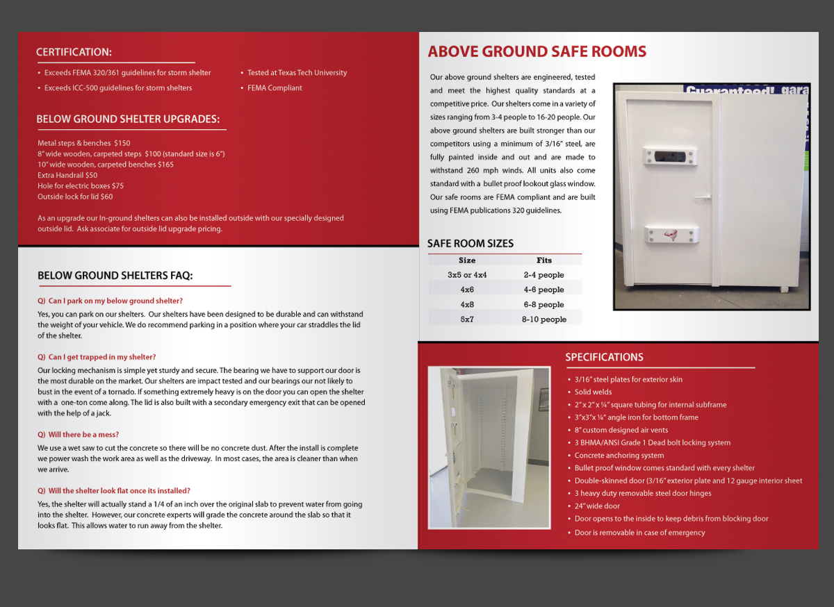 Brochure Design by uniquedesign10 for TornadoSafe Shelters | Design #3979545