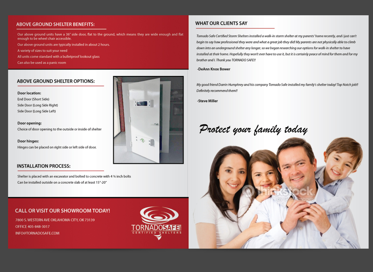 Brochure Design by uniquedesign10 for TornadoSafe Shelters | Design #3979549