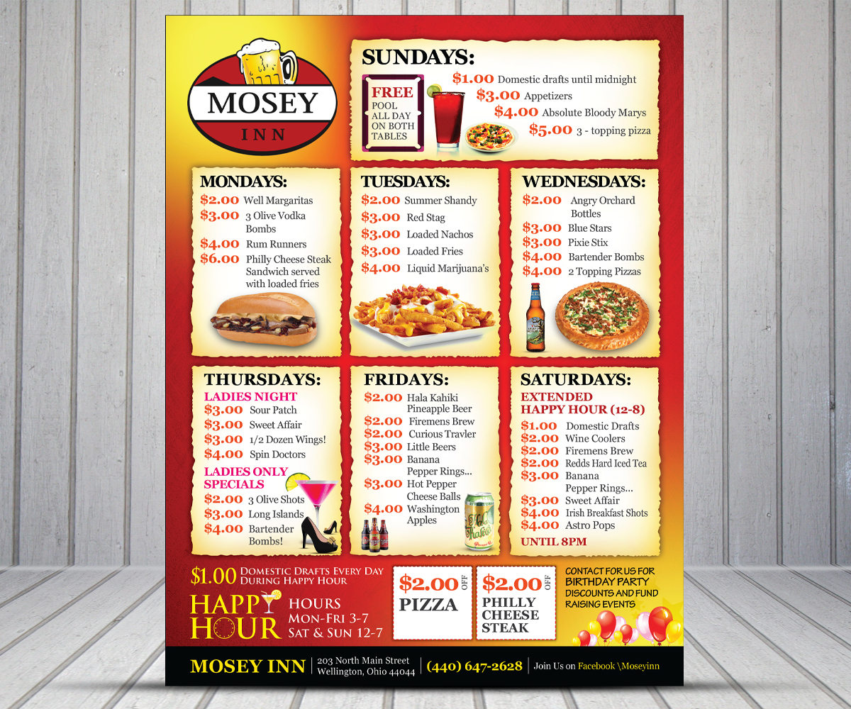 Flyer Design by Mahendran  for Mosey Inn | Design #4136746