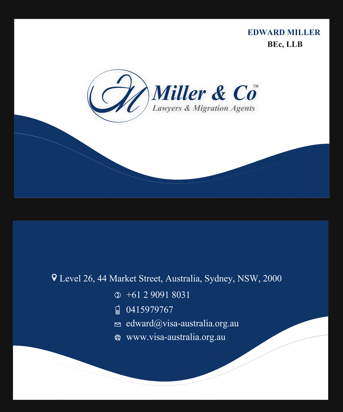 Business Card Design by aashwiin for Miller& Co Lawyers & Migration Agents | Design #3985342