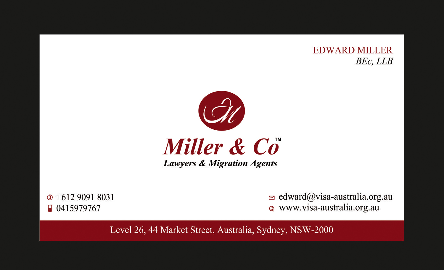 Visitenkarten-Design von aashwiin für Miller& Co Lawyers & Migration Agents | Design #3994422