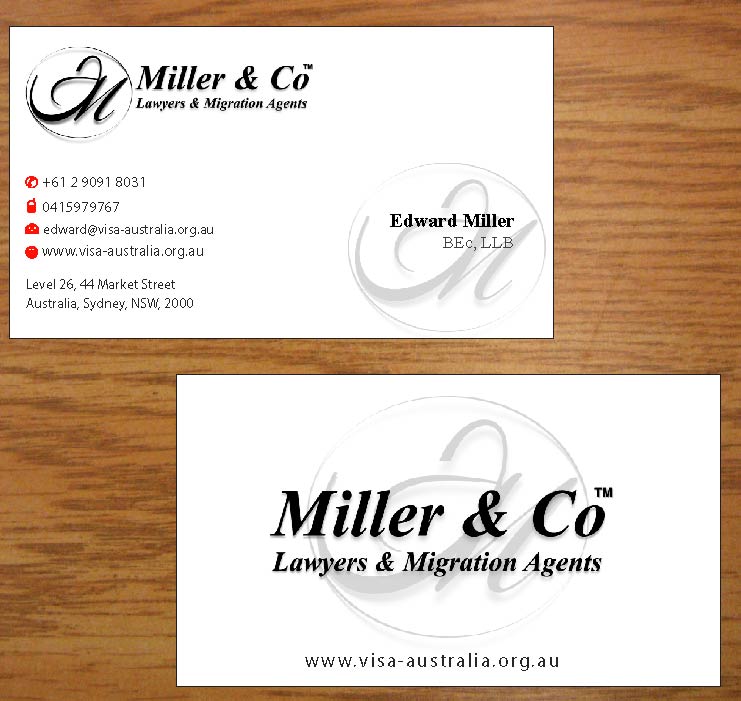 Business Card Design by Joy16589 for Miller& Co Lawyers & Migration Agents | Design #3991085