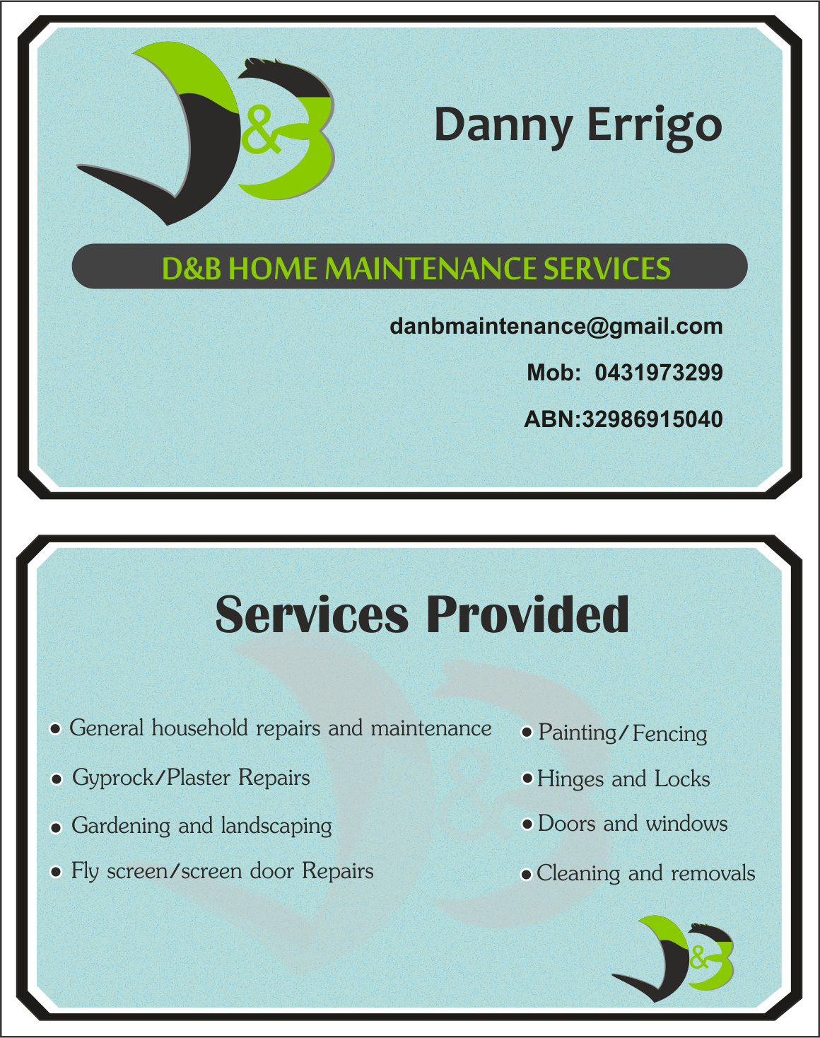 Business Card Design by DITS for D&B HOME MAINTENANCE SERVICES | Design #4000529