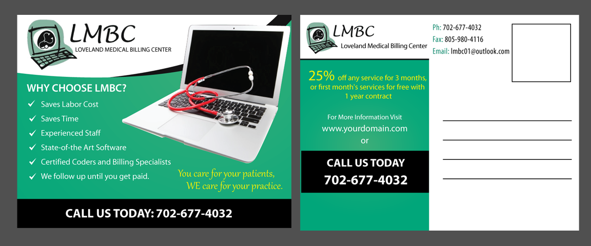 Postcard Design by uniquedesign10 for Loveland Medical Billing | Design #4095548