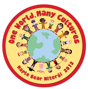 "One World, Many Cultures" print design for a button