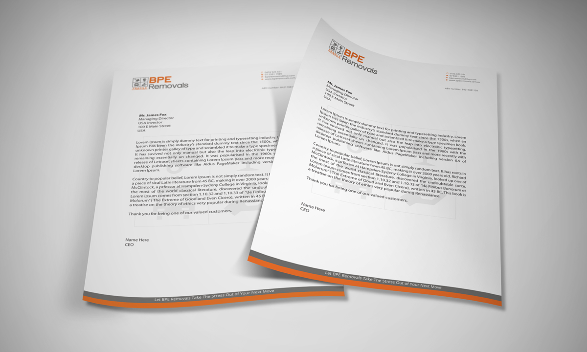 Letterhead Design by asimali for BPE Removals | Design #4021652
