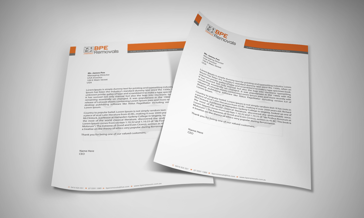 Letterhead Design by asimali for BPE Removals | Design #4021663