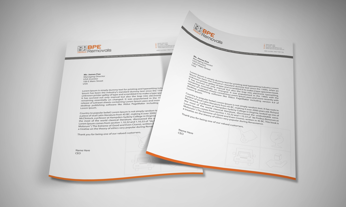 Letterhead Design by asimali for BPE Removals | Design #4021720