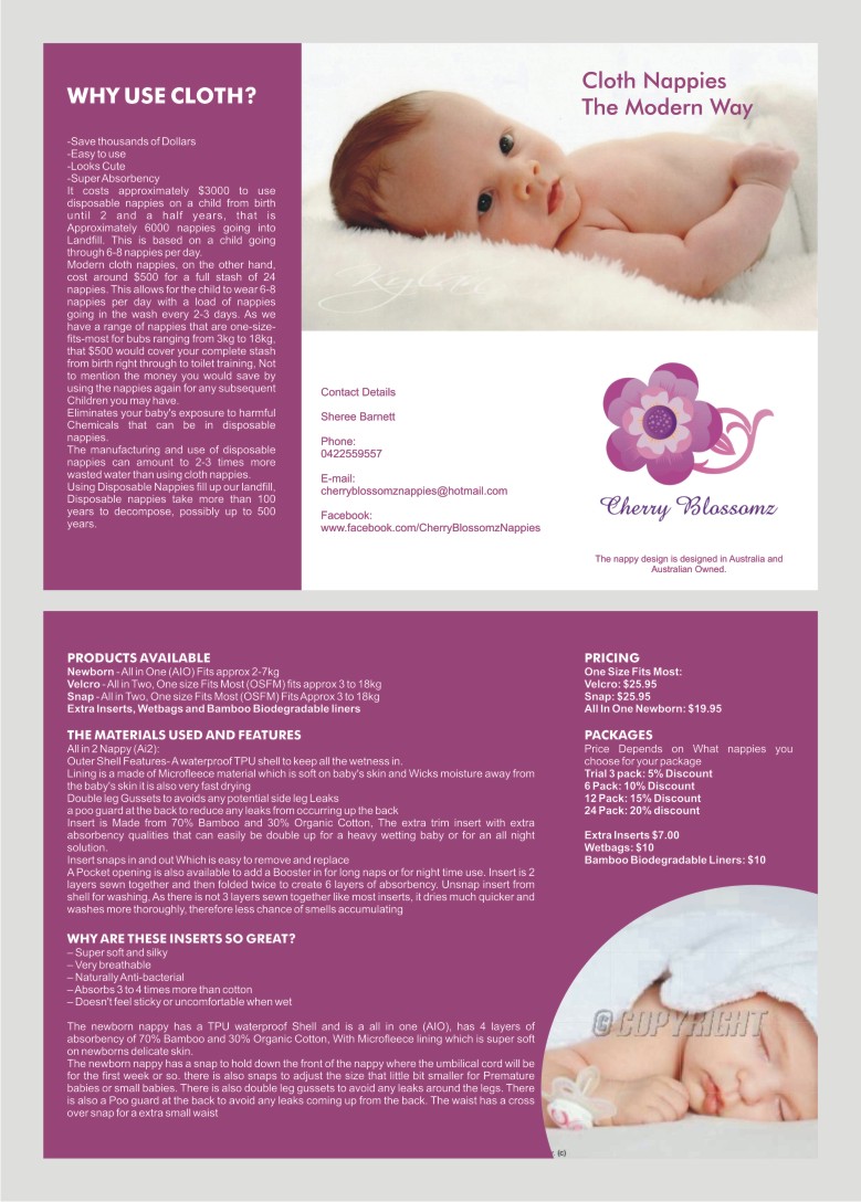 Brochure Design by barinix for cherry blossomz nappies | Design #1175384