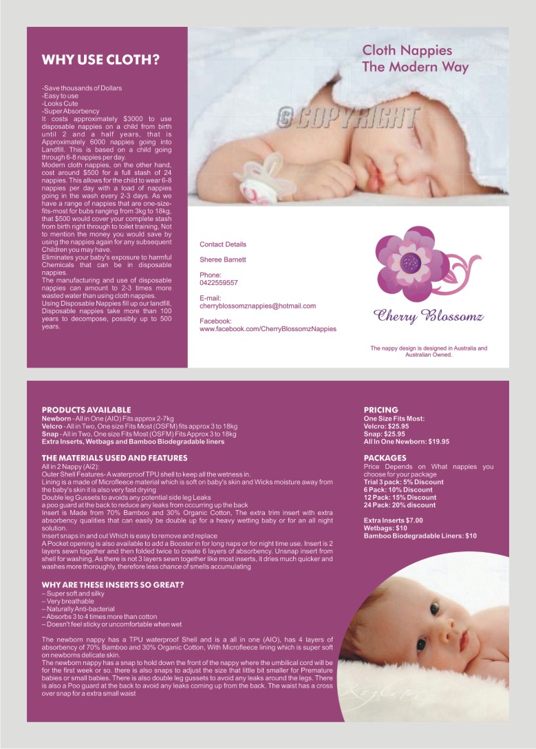 Brochure Design by barinix for cherry blossomz nappies | Design #1175407
