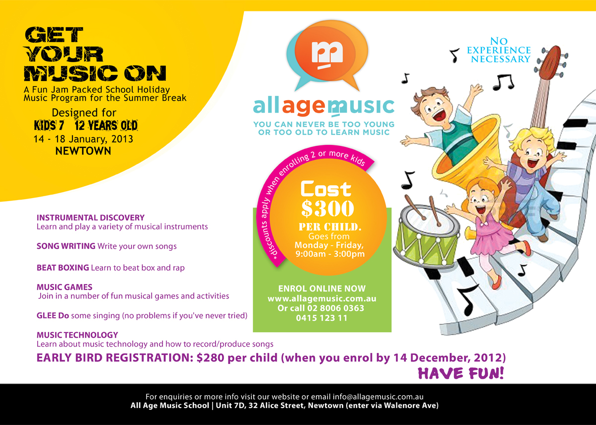 bold playful school poster design for all age music by yas media