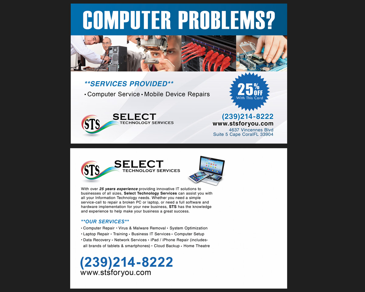 Postcard Design by NatPearlDesigns for Select Technology Services LLC | Design #4307682
