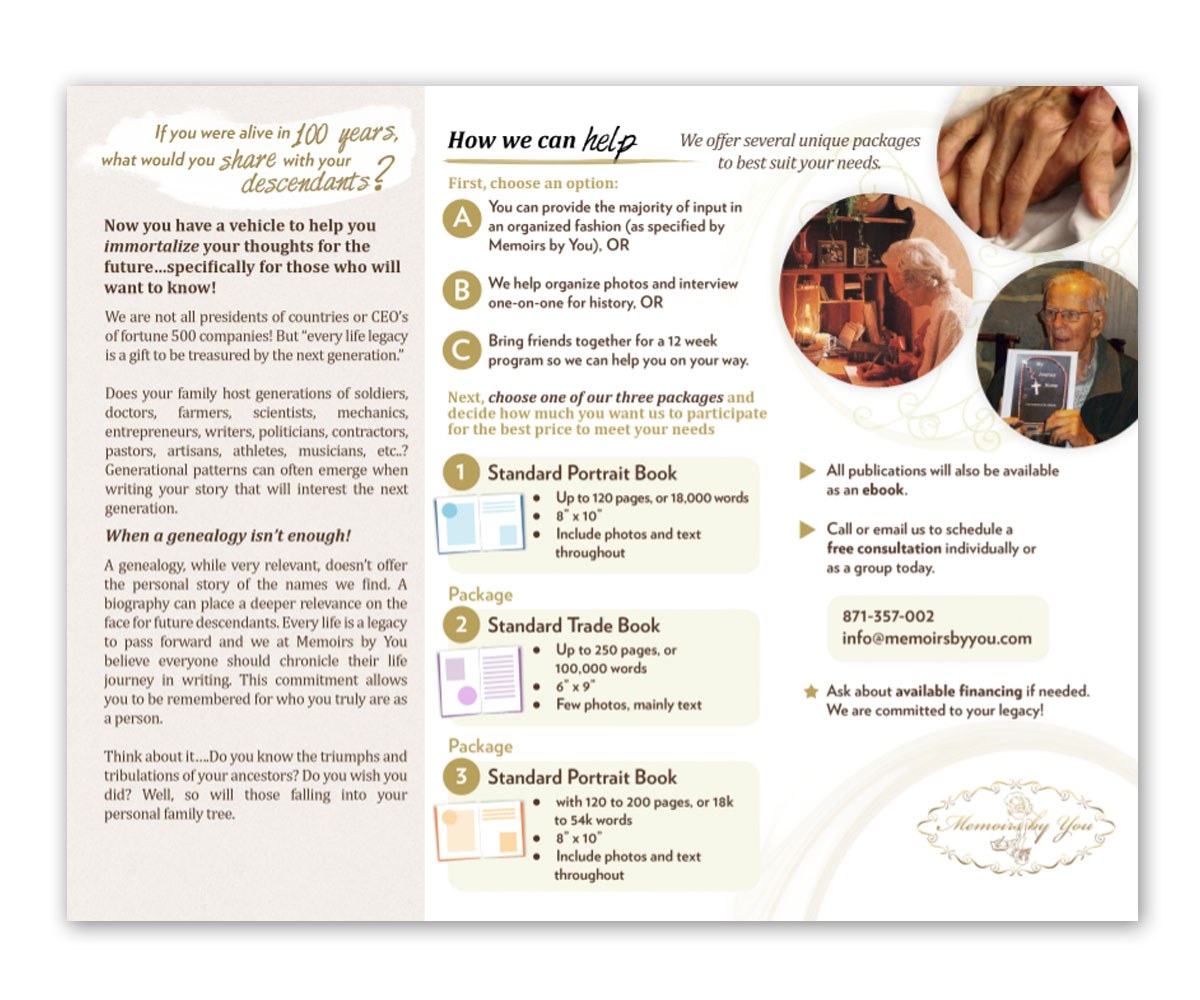 Diseño de Brochure por Designermilk para Memoirs by You | Diseño #4529598