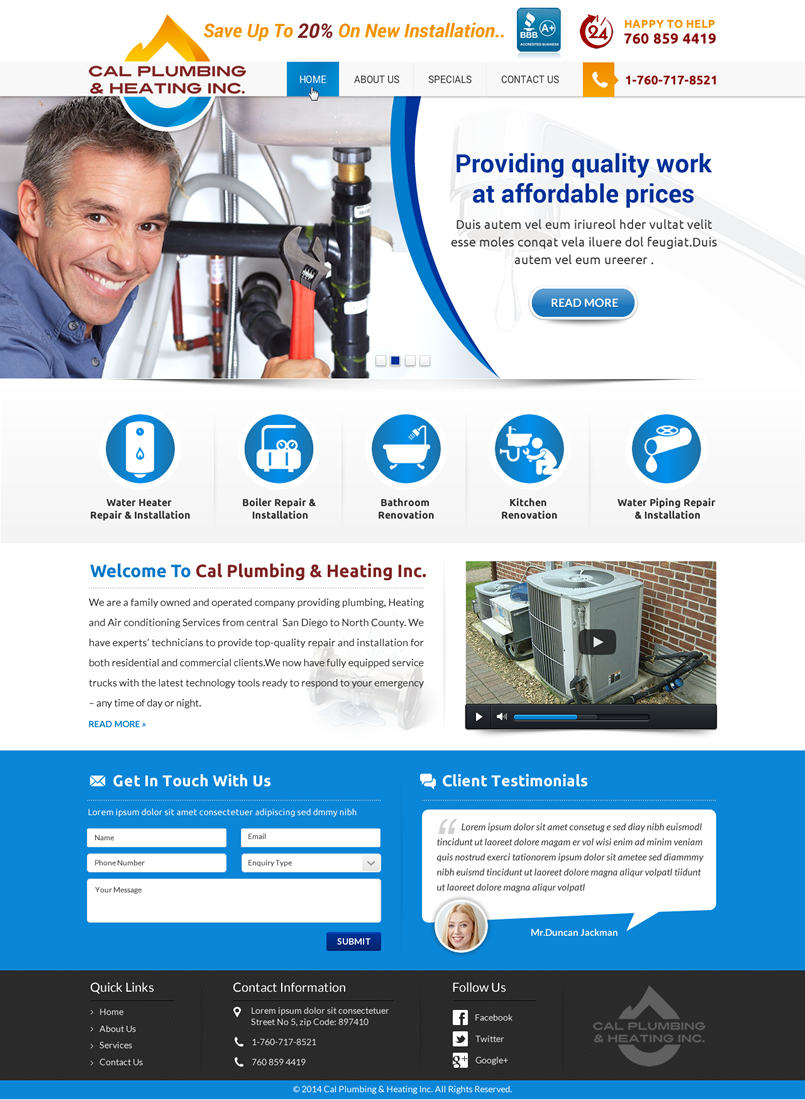 Web Design by Joy16589 for Cal Plumbing and heating INC | Design #4385870