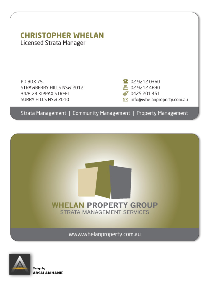 Visitenkarten-Design von Arsalan Hanif für Whelan Property Group | Design #194230
