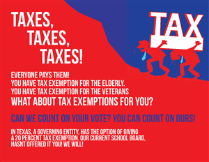 political campaign tax exemption on school taxes that dont have kids in the district | Postcard Design by JCR