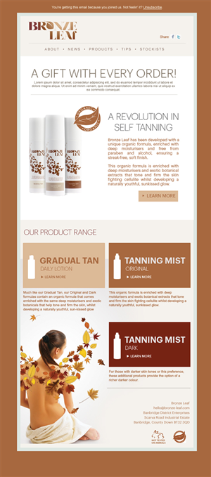 Bronze Leaf is a premium Spa and Salon only professional tanning brand. | Newsletter-Design von Sucre