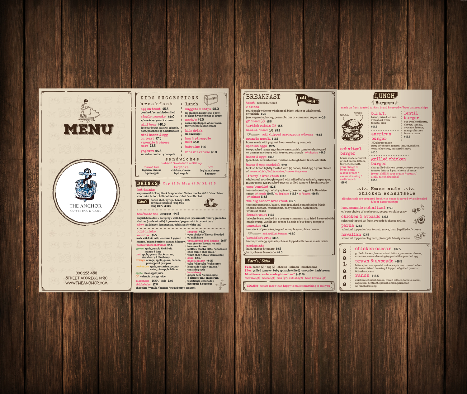 Menu Design by Tegridy Studio for The Anchor Coffee Bar & Grill | Design #11190617
