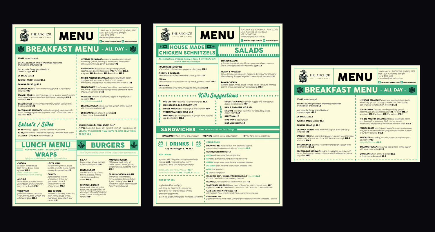 Menu Design by DCARO for The Anchor Coffee Bar & Grill | Design #11342102