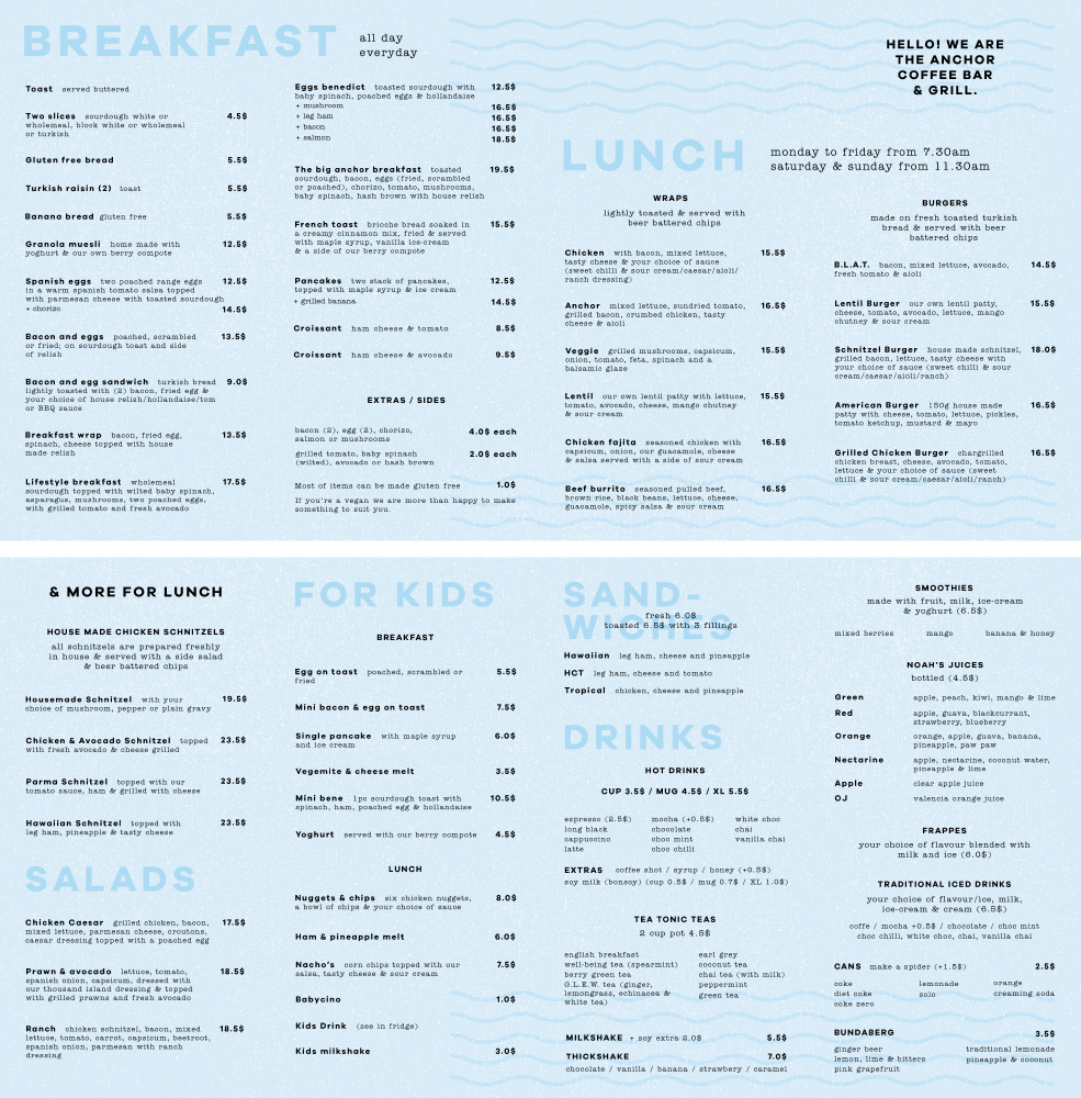 Menu Design by Anna for The Anchor Coffee Bar & Grill | Design #11234068