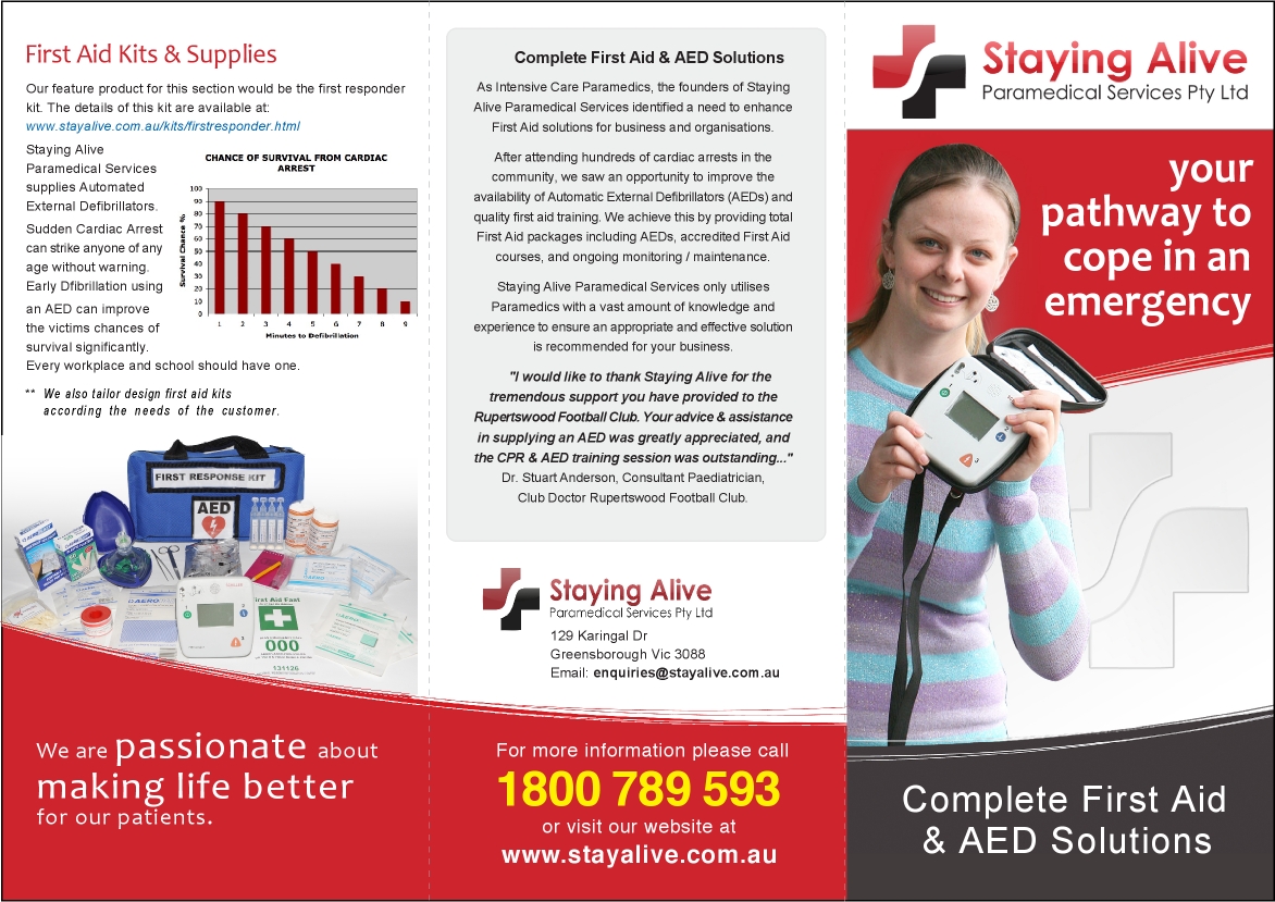 Diseño de Brochure por aneela para Staying Alive Paramedical Services Pty Ltd | Diseño #196646